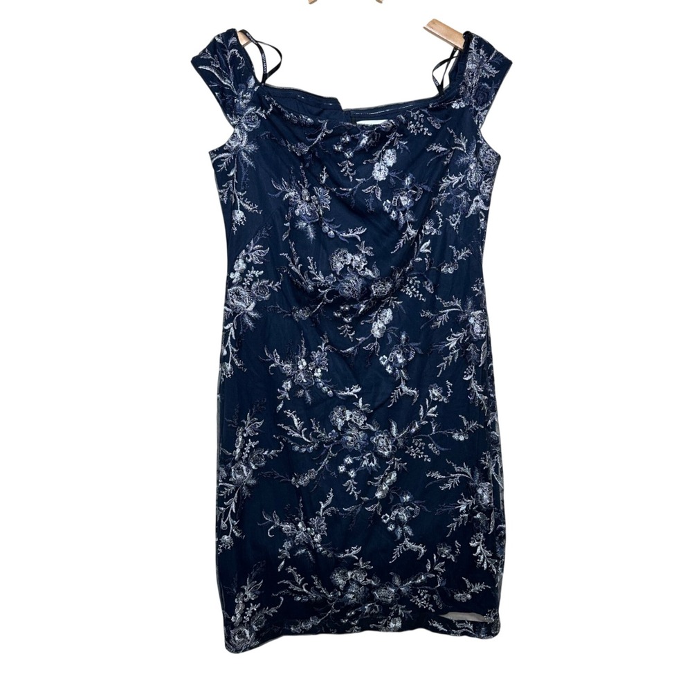 Calvin Klein Floral Embroidered Off the Shoulder Sheath Dress size 14 Blue/Silve